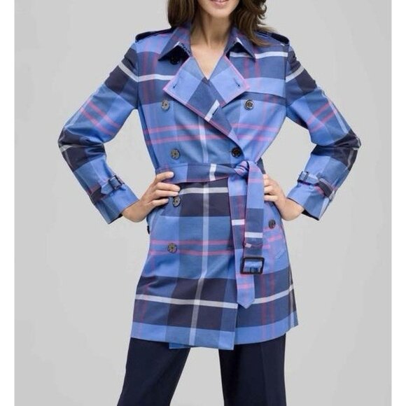 Jones New York Women’s Trench Coat Belted Jacket Small Plaid Pockets Buttons - Picture 1 of 16